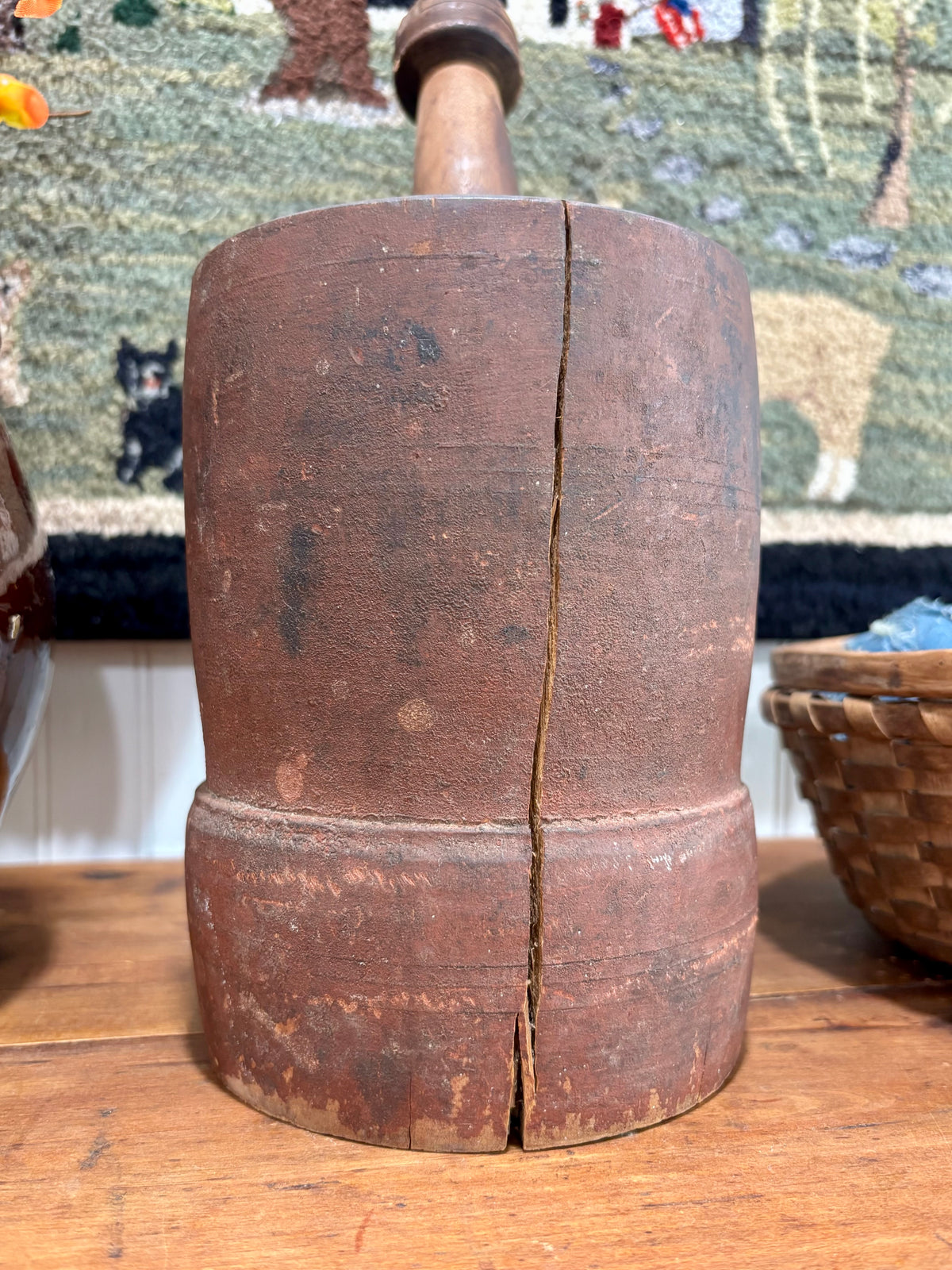 Late 1800s Antique Wooden Mortar & Pestle in Original Red Paint