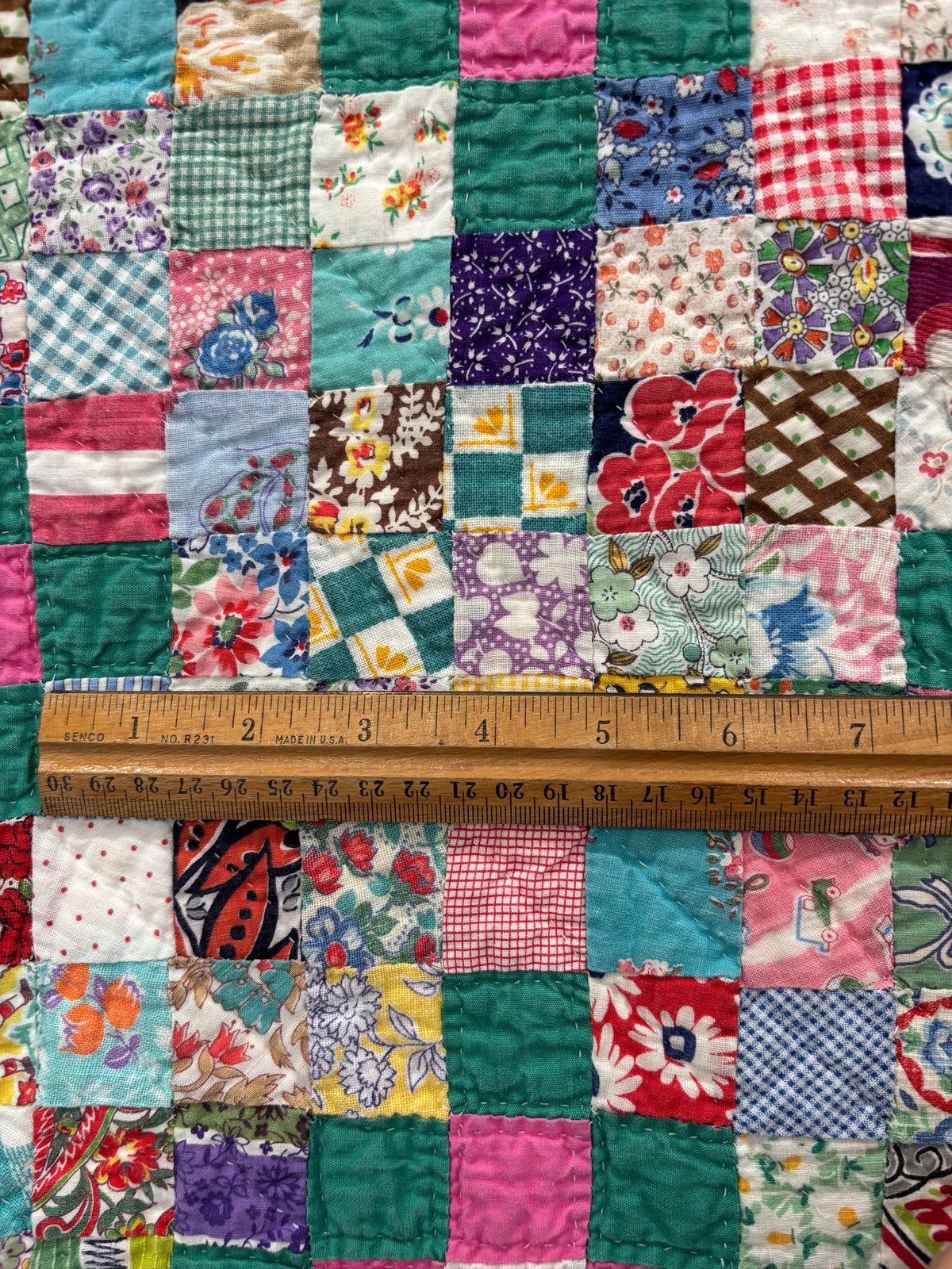 c1930-40s Vintage Postage Stamp Quilt - 71x92”