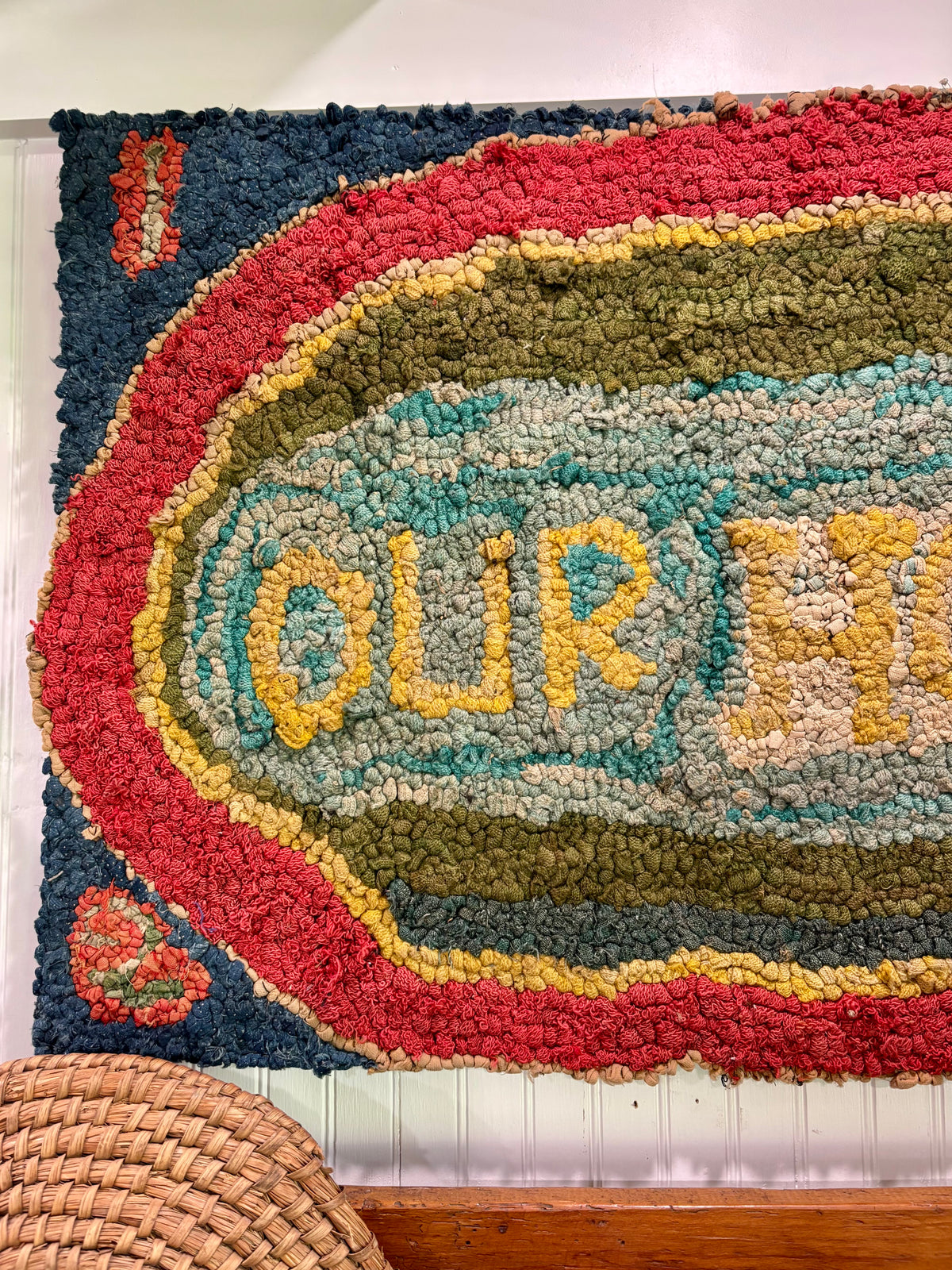c1920s–1940s “Our Home” Mounted Vintage Hand Hooked Rug - 34 1/2” × 22 1/2”